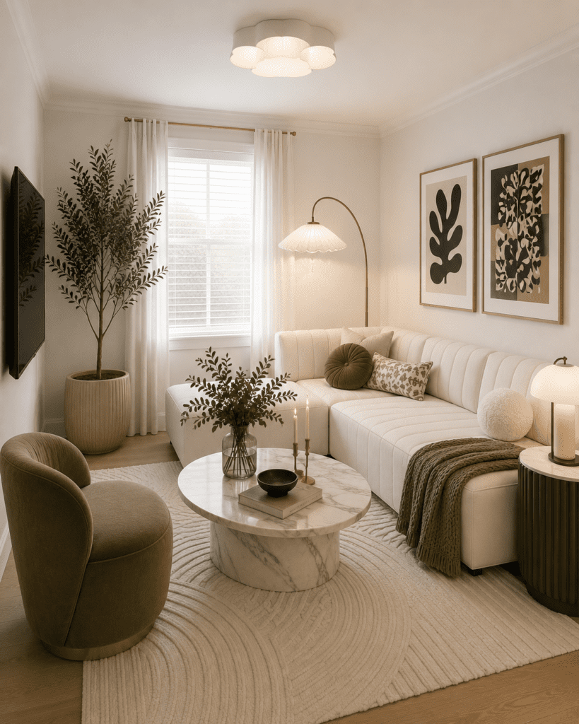 Small living room ideas with an L-shaped sectional sofa, marble coffee table, and soft neutral palette