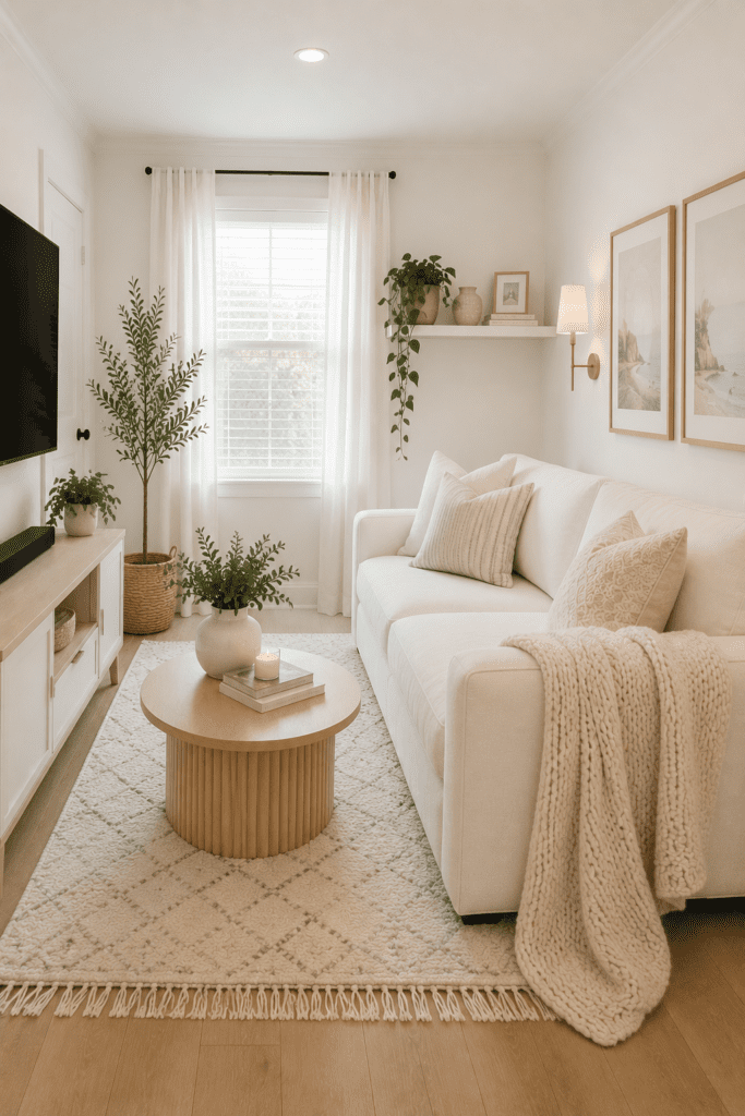 Small living room ideas featuring a white sofa, light wood coffee table, greenery, and cozy textures