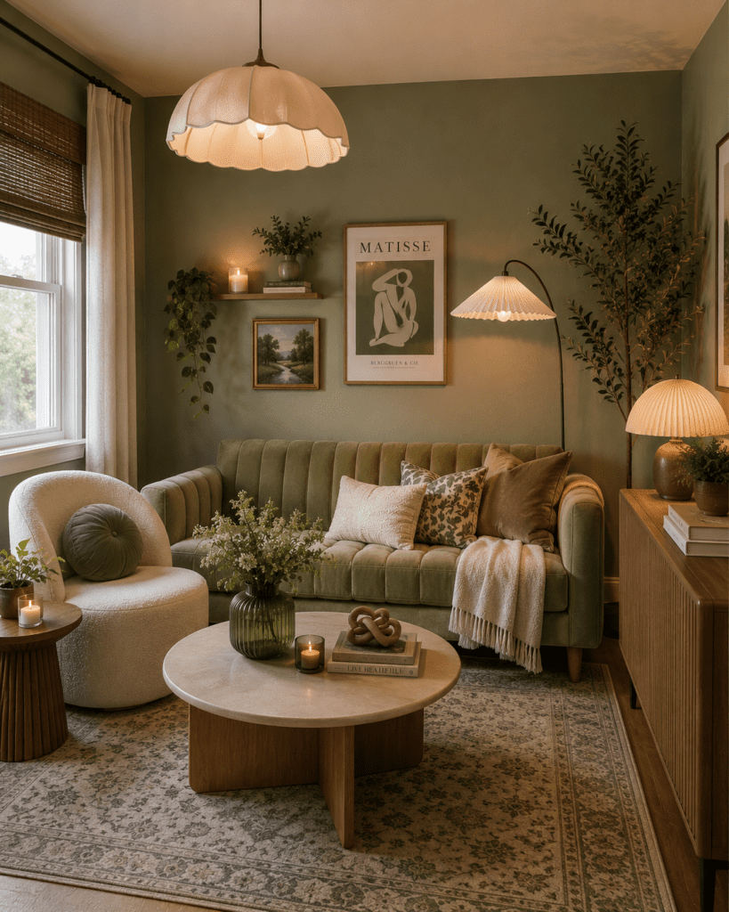 Small living room ideas with a green accent wall, velvet sofa, layered lighting, and cozy decor