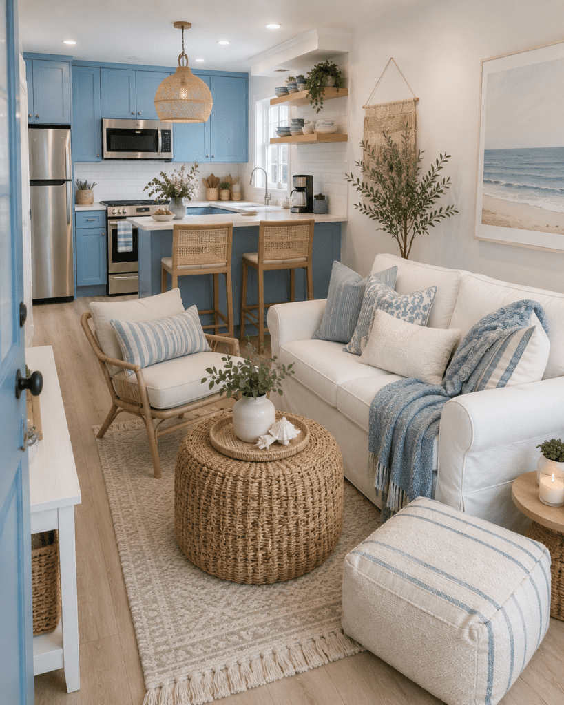 Small living room ideas in an open concept layout with blue kitchen cabinets and coastal-inspired decor
