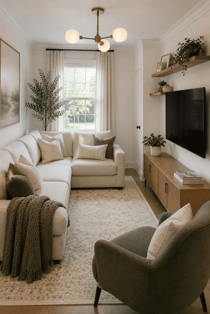 Small living room ideas featuring white furniture, woven accents, soft textiles, and natural light