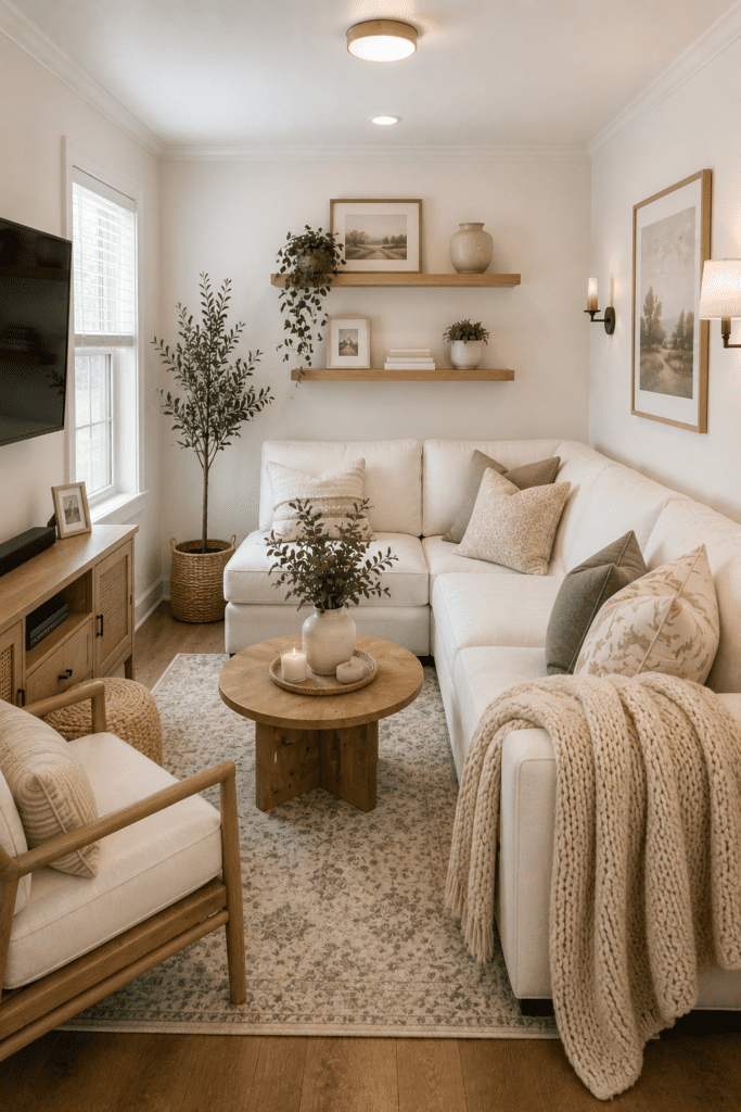 Small living room ideas with green built-in shelves, fireplace, neutral furniture, and layered decor