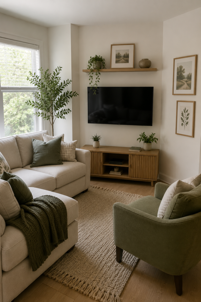 Small living room ideas featuring a clean TV wall, wood media console, neutral seating, and greenery