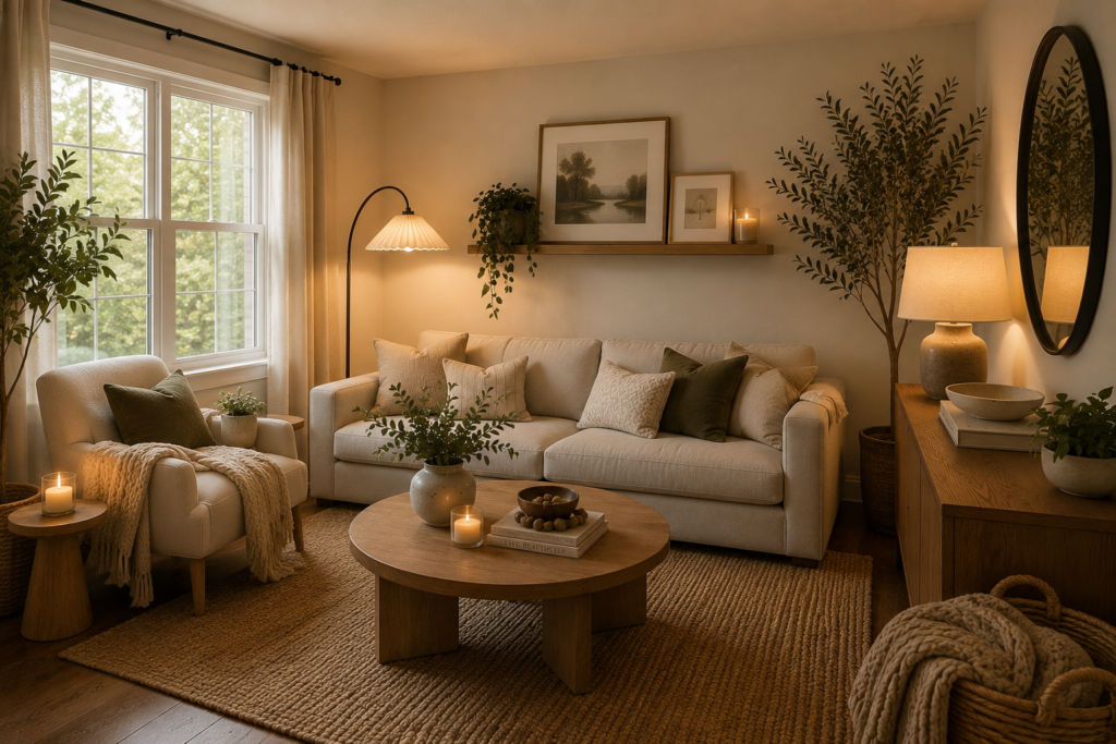 Cozy small living room ideas featuring soft lighting, neutral furniture, layered textures, and a warm inviting atmosphere perfect for everyday comfort.