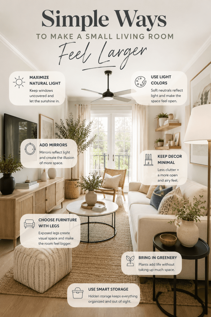 Small living room ideas with bright natural light, airy layout, minimal decor, and smart furniture placement to create a more open feel.