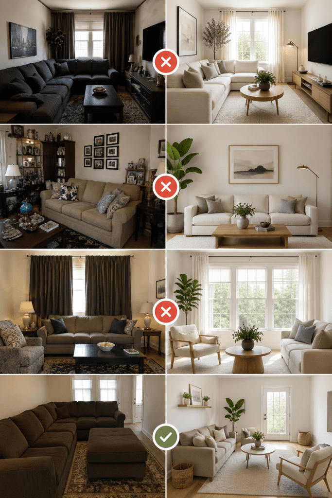 Comparison of common small living room decorating mistakes and smart design choices that help create a cleaner, brighter, and more spacious room.