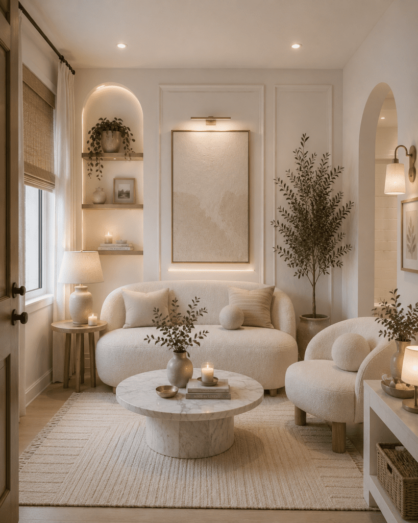 Cozy neutral living room with cream sofa, warm lighting, indoor plants, and soft home decor accents.
