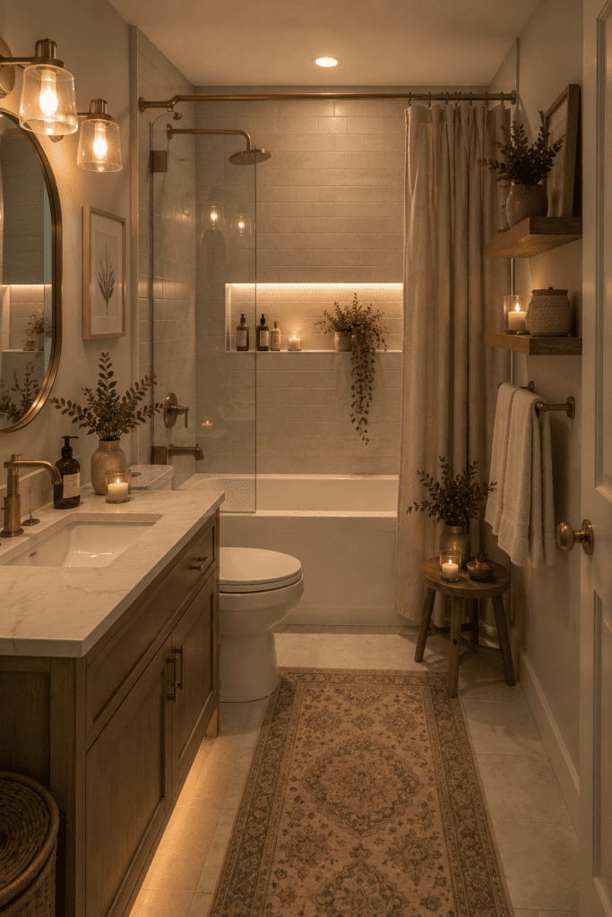 Cozy bathroom featuring warm lighting, wood vanity, brass fixtures, candles, and relaxing decor details.