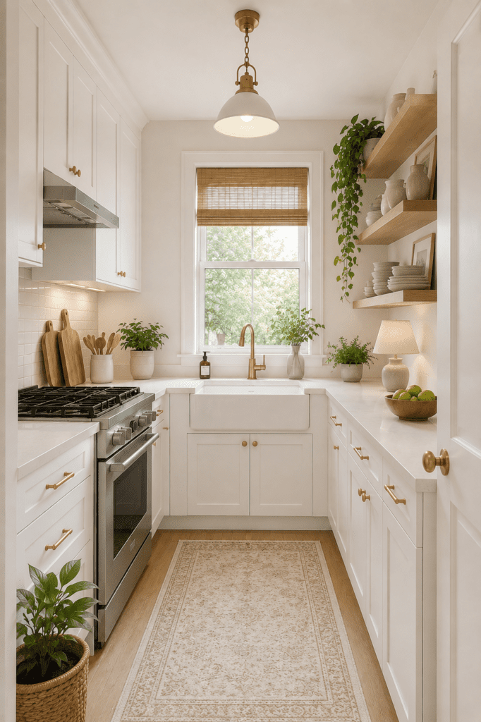 Bright white kitchen with open shelves, natural light, greenery, and cozy home decor touches.
