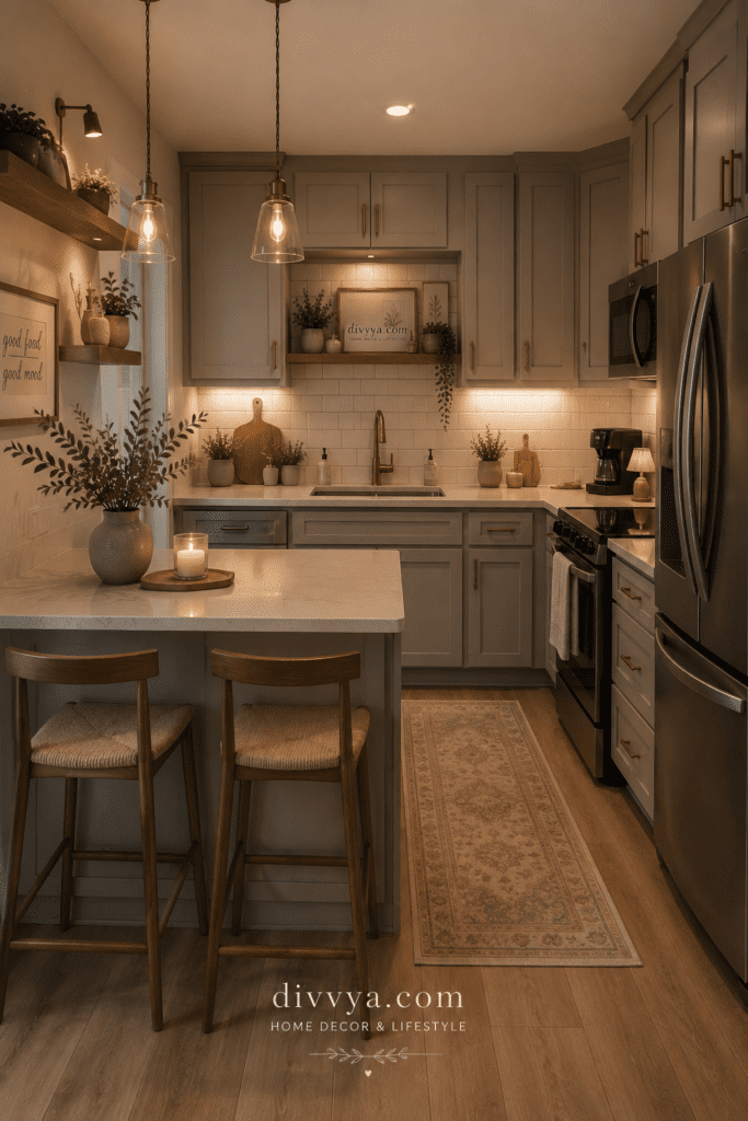 Warm kitchen with gray cabinets, soft lighting, decorative plants, and cozy decor inspiration.