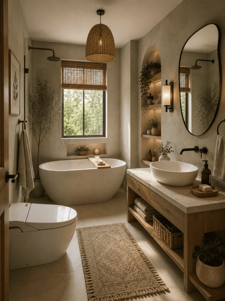 Spa-inspired bathroom with freestanding tub, natural textures, greenery, and cozy home decor elements.