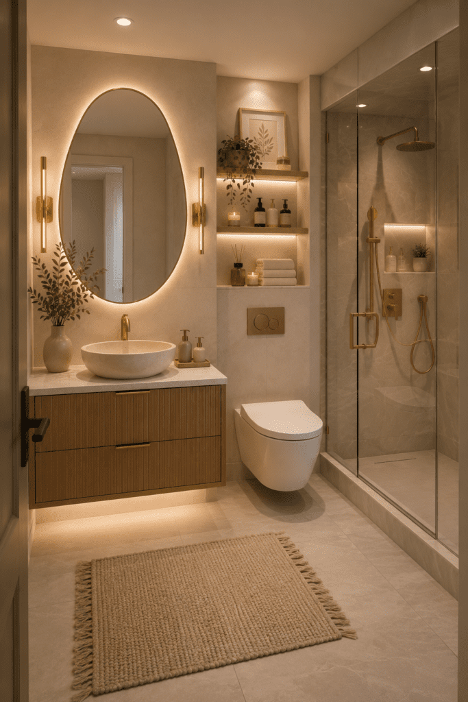 Modern bathroom with illuminated mirror, wood vanity, warm lighting, and cozy decor accents.