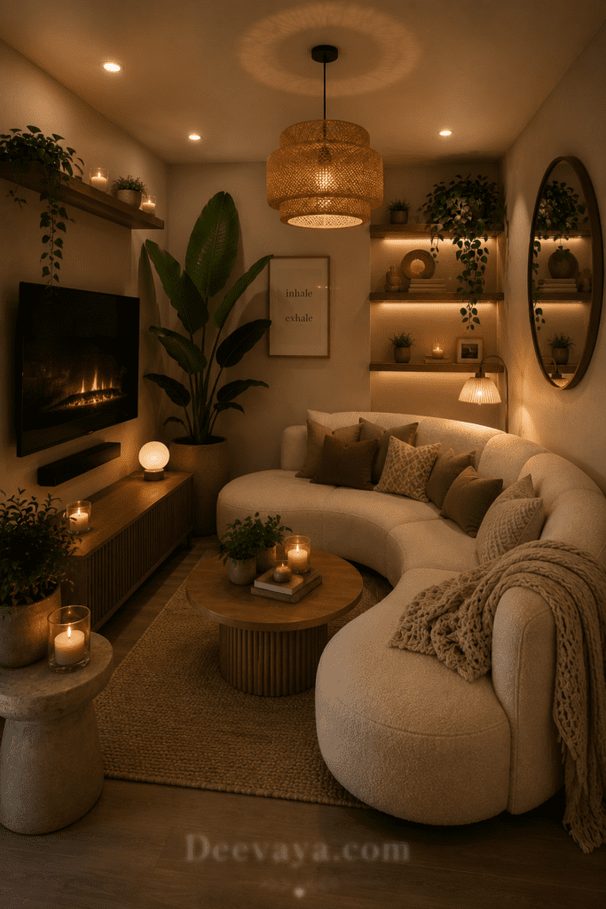 Cozy living room with curved sofa, candles, soft lighting, and warm neutral decor.