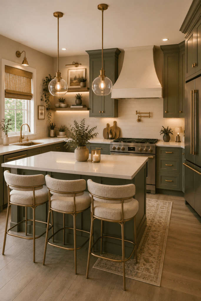 Elegant green kitchen with brass accents, kitchen island, pendant lights, and cozy decor styling.