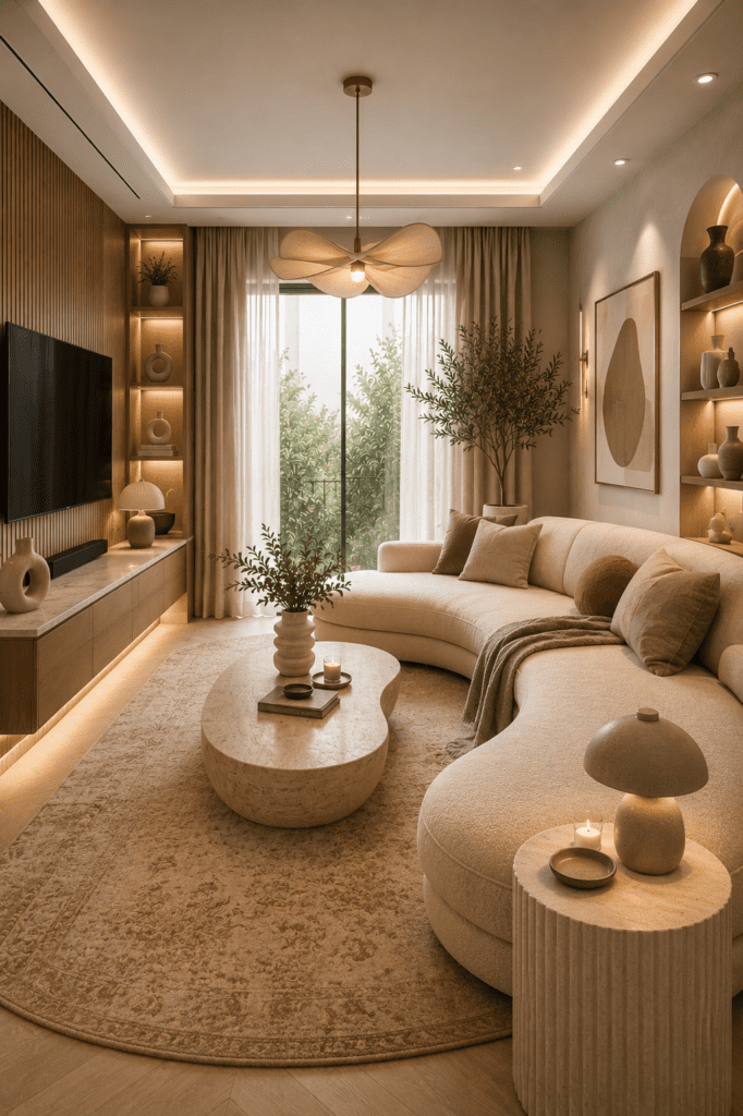 Modern living room featuring curved sofa, warm lighting, neutral colors, and cozy home decor details.