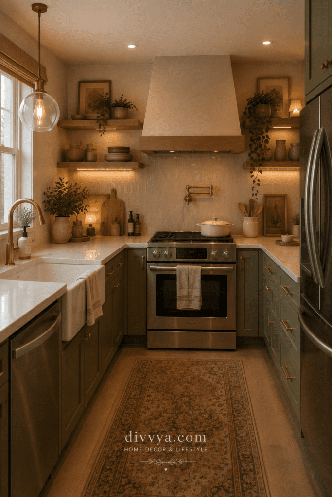 Cozy kitchen decor with warm lighting, wooden shelves, neutral colors, and inviting home styling ideas for a comfortable and welcoming space.