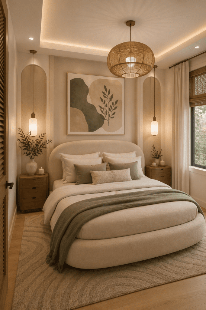Cozy bedroom with soft bedding, warm lighting, neutral tones, and comfortable decor creating a peaceful and relaxing retreat.