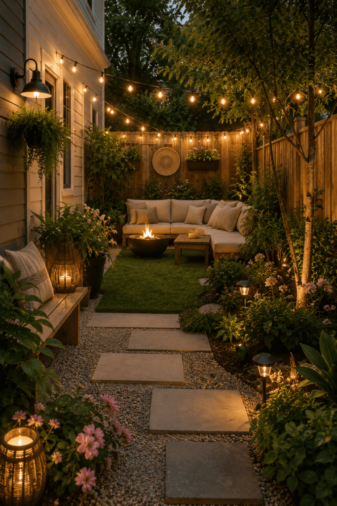 Cozy backyard with string lights, outdoor seating, warm lighting, and relaxing decor ideas for peaceful evening gatherings.