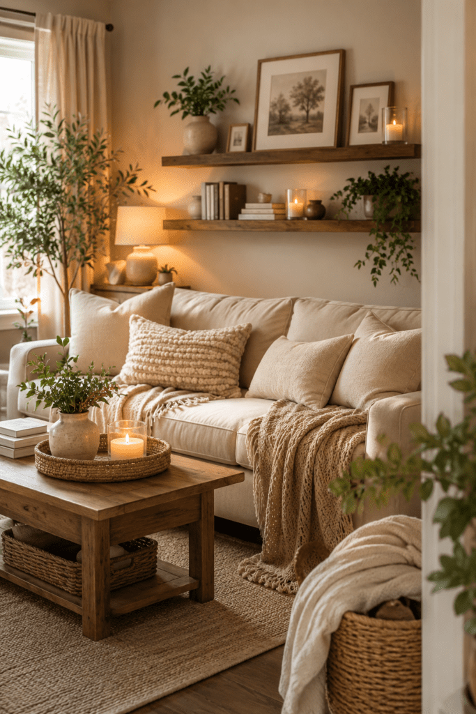 A cozy living room with soft neutral furniture, warm lighting, textured blankets, candles, and natural wood accents creating a calm and inviting atmosphere.