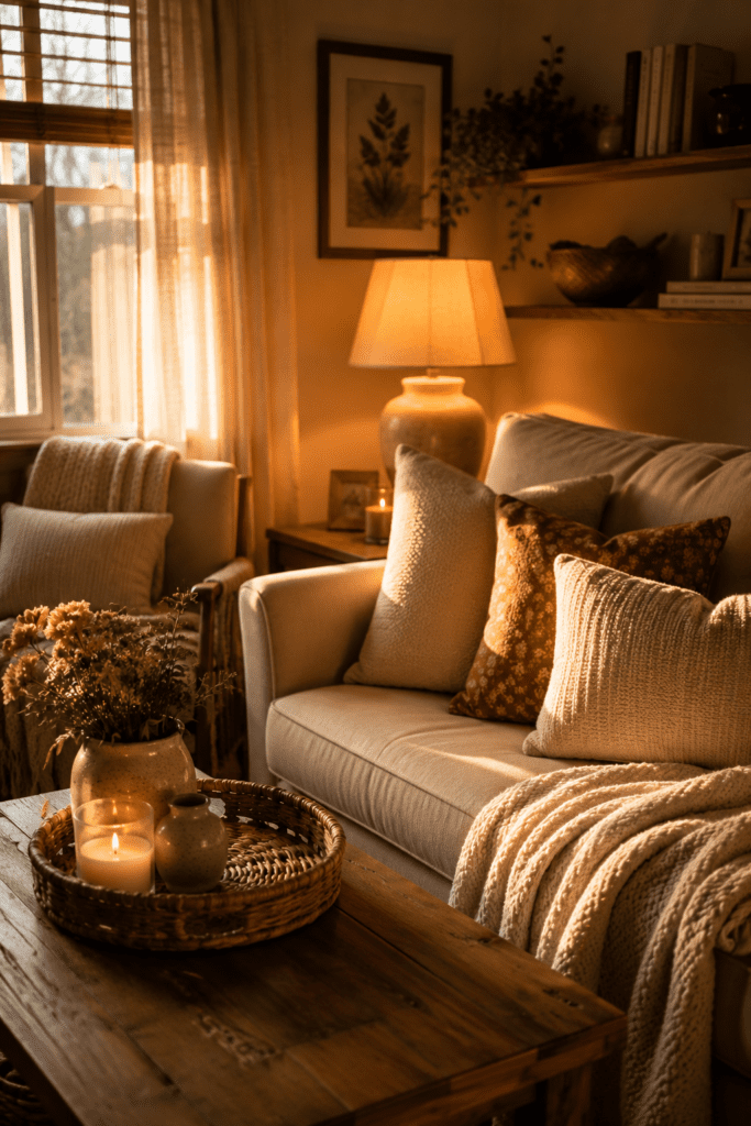 Warm and cozy living room featuring soft cushions, ambient lighting, candles, layered textures, and comfortable seating for a relaxing evening at home.