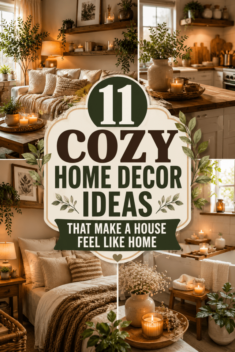 11 cozy home decor ideas featuring warm lighting, soft textures, natural accents, comfortable furniture, and inviting spaces that make a house feel like home.
