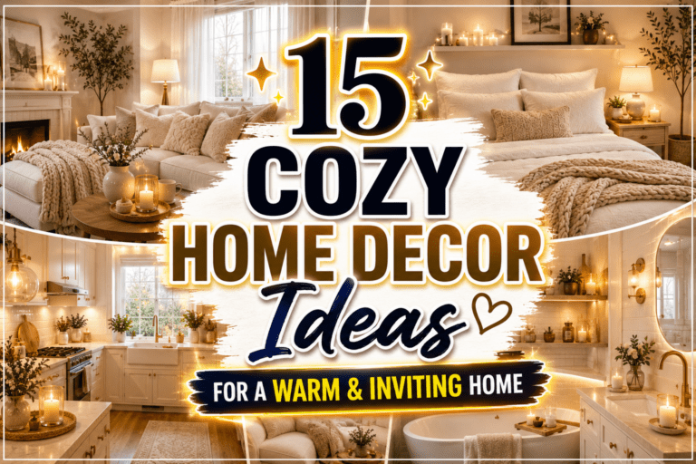 15 Cozy Home Decor Ideas showcasing a warm living room, inviting bedroom, elegant kitchen, and relaxing bathroom with neutral decor and cozy lighting.