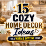 15 Cozy Home Decor Ideas showcasing a warm living room, inviting bedroom, elegant kitchen, and relaxing bathroom with neutral decor and cozy lighting.