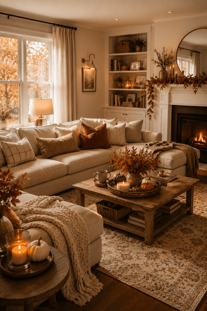 Neutral living room with fall mantel decor, pumpkins, knit blankets, candles, and warm autumn home styling.