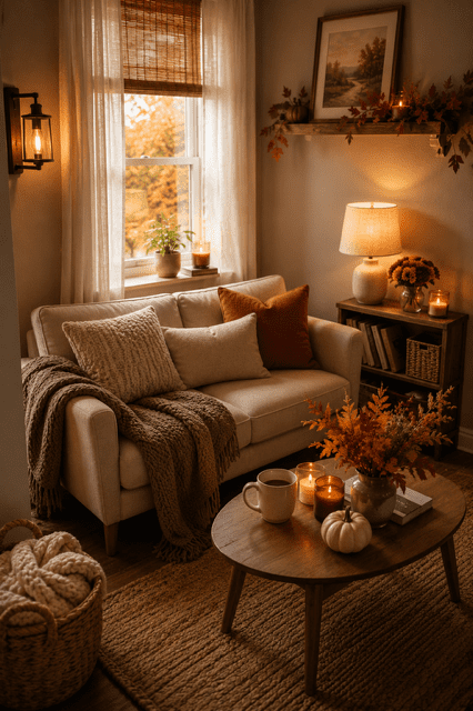Small cozy living room with autumn pillows, candles, soft blankets, wooden coffee table, and warm seasonal decor.
