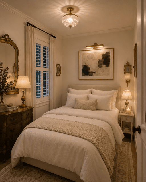 Cozy bedroom with soft neutral bedding, warm ambient lighting, layered textiles, elegant decor, and a relaxing atmosphere.