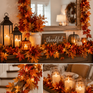 Autumn leaf garland with warm fairy lights decorating a fireplace mantel, mirror, staircase, and dining table for cozy fall home decor.