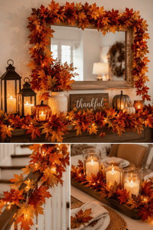 Autumn leaf garland with warm fairy lights decorating a fireplace mantel, mirror, staircase, and dining table for cozy fall home decor.