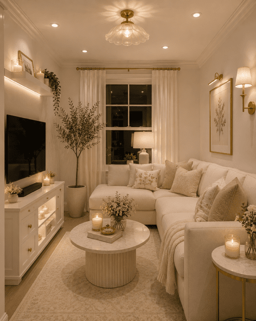 Cozy living room featuring a soft sectional sofa, warm lighting, neutral decor, candles, and layered textures for ultimate comfort.