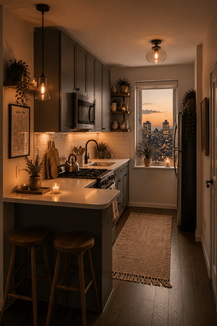Cozy home decor ideas featuring a compact kitchen with warm lighting, natural textures, modern cabinetry, and inviting evening ambiance.