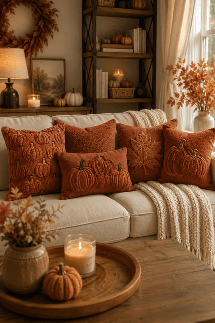 Cozy autumn bedroom with knit blanket, candles, pumpkins, soft lighting, and neutral fall bedroom decor.
