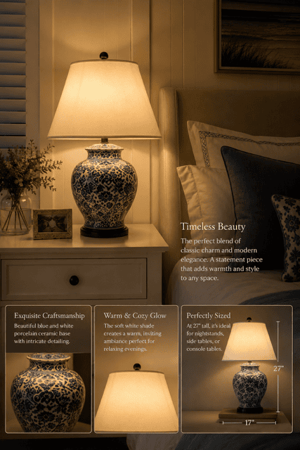 Blue and white ceramic table lamp with warm bedside lighting