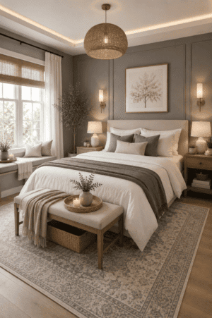 White comforter set styled in a cozy modern bedroom with neutral decor and warm lighting.