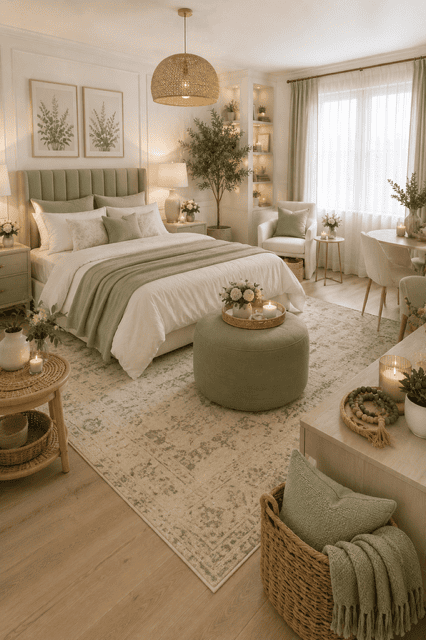Beautiful sage green bedroom featuring a comfortable upholstered bed, reading chair, woven lighting, layered bedding, cozy textures, and calming neutral home decor.