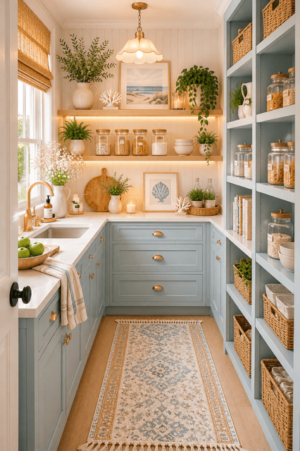 Bright coastal pantry kitchen featuring soft blue cabinets, open wood shelves, woven storage baskets, glass pantry jars, brass hardware, white countertops, and warm ambient lighting.