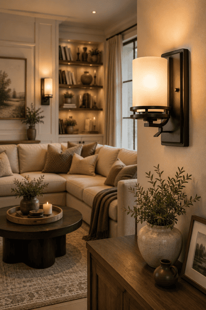 Warm wall sconce illuminating a cozy neutral living room