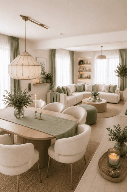 Elegant dining room featuring a light wood dining table, boucle upholstered chairs, sage green table runner, oversized fabric pendant light, and warm neutral decor for a cozy modern home.