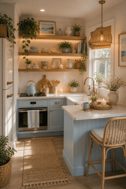 Bright cottage-style coastal kitchen showcasing pastel blue cabinets, open wood shelving, woven pendant light, white countertops, greenery, candles, and warm natural sunlight.