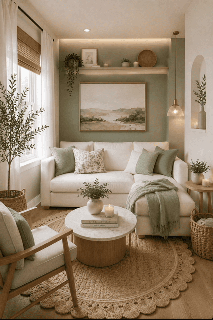 Cozy sage green living room with a white sofa, botanical decor, marble coffee table, warm lighting, woven rug, and cozy sage green home decor ideas.