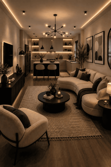 Minimalist open concept living room, kitchen, and dining area with black accents, LED lighting, sleek cabinetry, and elegant modern décor.