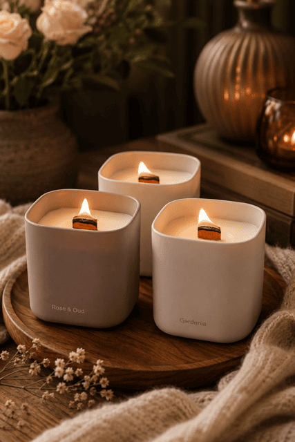 Three minimalist wooden wick scented candles in matte ceramic jars styled on a wooden tray with soft knit blankets, flowers, and warm ambient lighting for elegant home decor.
