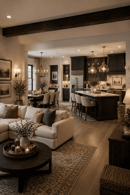Cozy Neutral Home Decor featuring an open-concept living room, elegant kitchen with dark cabinetry, cream sectional sofa, warm lighting, wood accents, and timeless American farmhouse style.