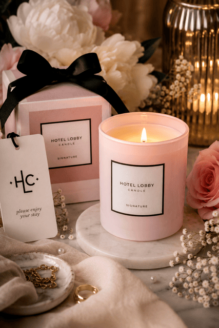 Soft pink Hotel Lobby scented candle styled with roses and marble accents for luxurious and romantic home styling.