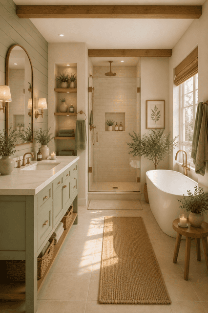 Luxury sage green bathroom with freestanding bathtub, walk-in shower, wooden shelves, brass hardware, and cozy sage green home decor ideas.
