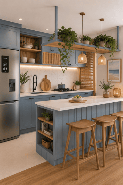 Contemporary coastal kitchen showcasing muted blue cabinetry, large white island, suspended open shelf with greenery, woven pendant lights, wooden bar stools, and clean modern styling.