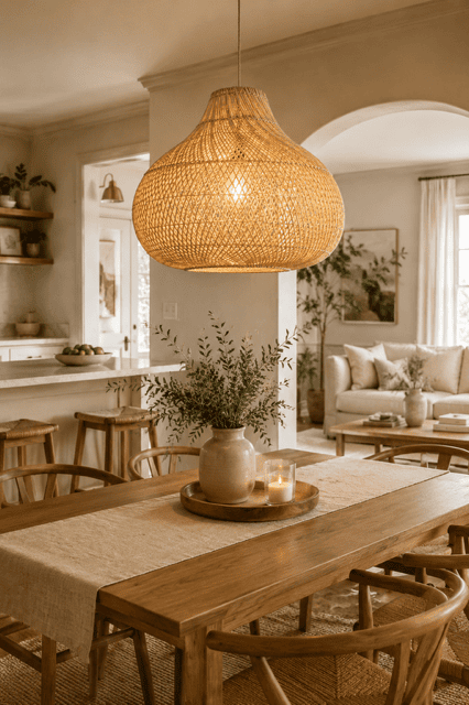 Beautiful open-concept dining room featuring a woven rattan pendant light, natural wood dining table, neutral décor, greenery, and cozy styling with one of the best Amazon Home Decor Finds.